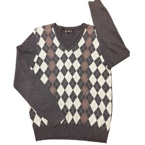 Ben Sherman V-Neck Brown Cream Argyle Cotton Lambswool Sweater Sz: M